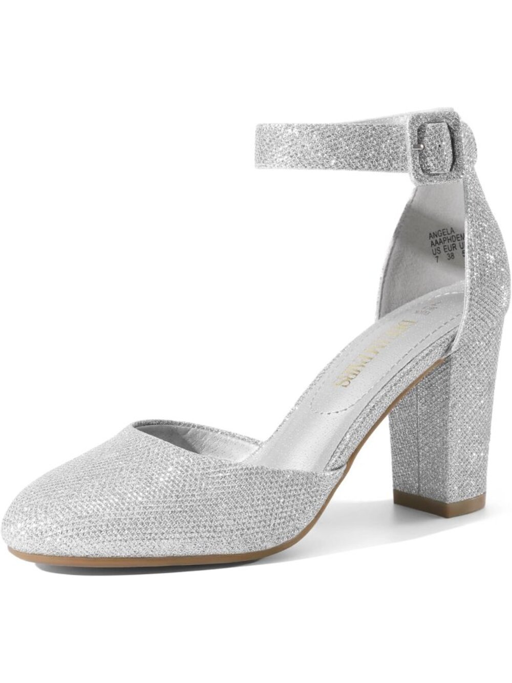 〽️Women's Silver Ankle Strap Chunky Heels Round Toe Pumps Elegant Wedding Shoes